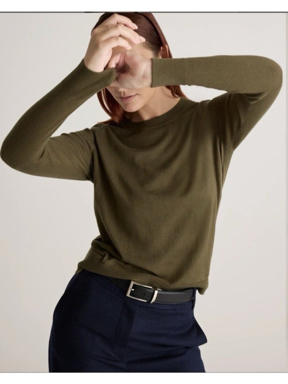 Quince Lightweight Cotton Cashmere Crew Neck Long Sleeve Sweater Olive Size M - Picture 5 of 16